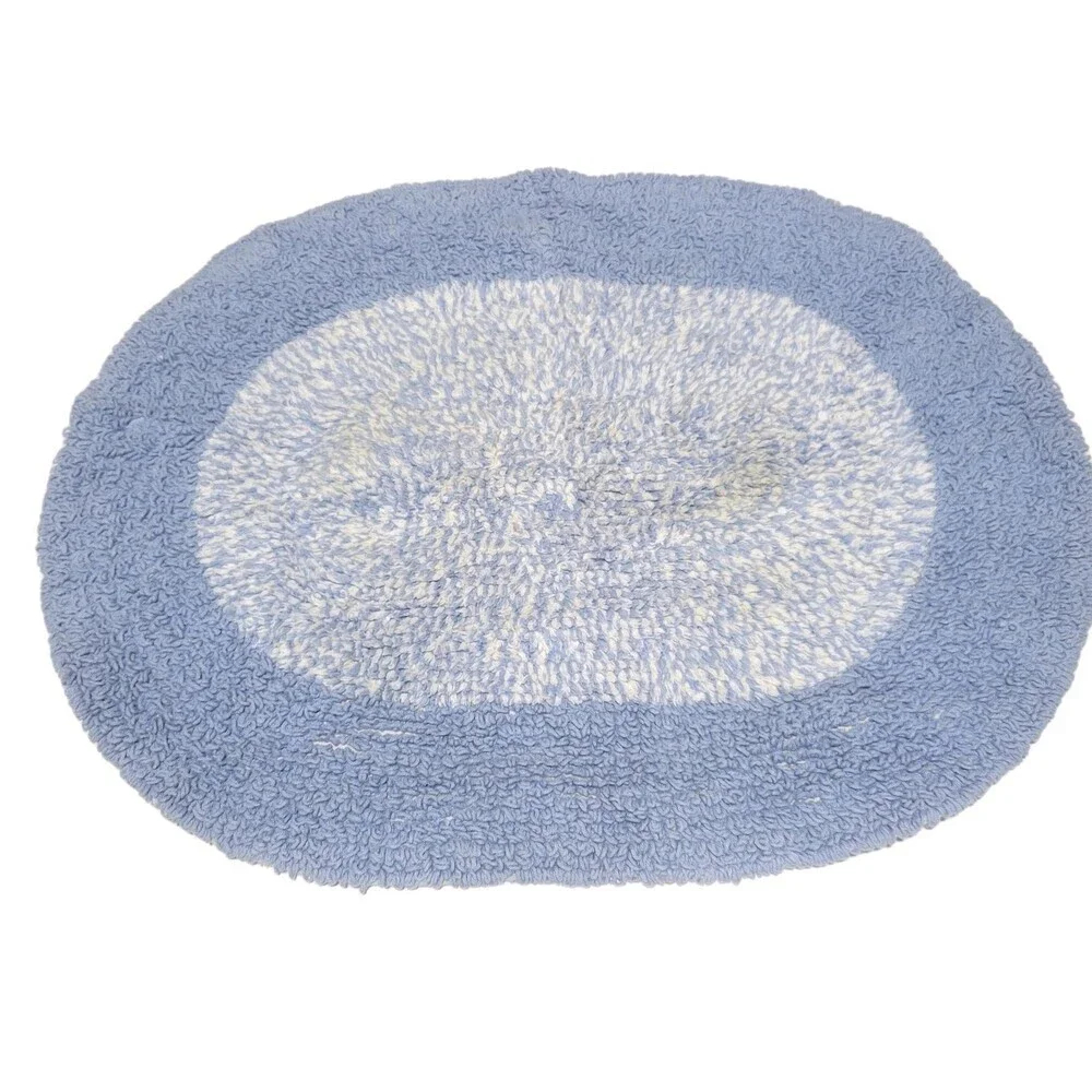 Vintage Style Oval Bath Rug Cottage Core Blue Short Shag 17 1/2
